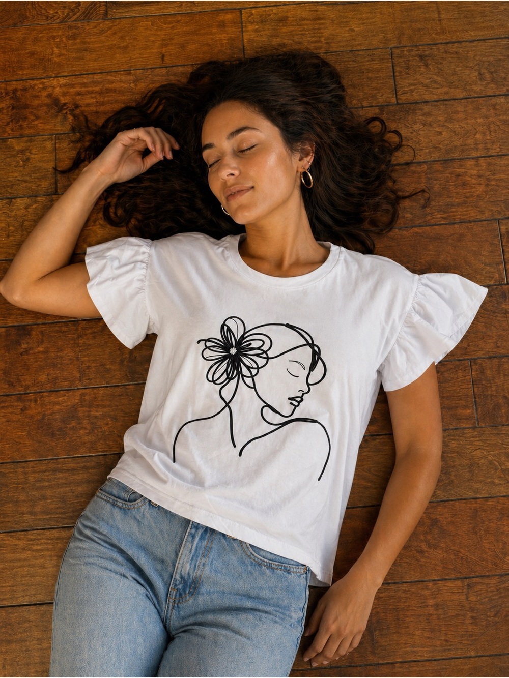 Chic Line Art Face Graphic Tee – Lilac Ruffle Sleeve Boutique Top